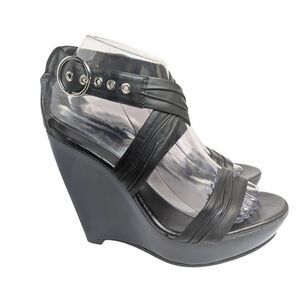 Aldo Black leather cross cross strappy platform wedge heels 38 EU 7.5 US